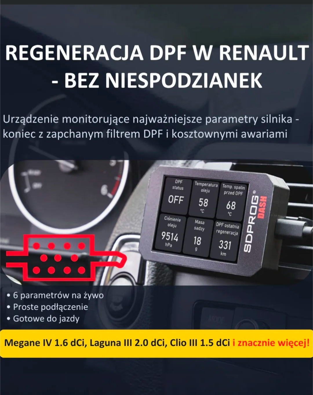 SDPROG DASH Engine Monitor + SDPROG OBD Interface - DPF INDICATORS